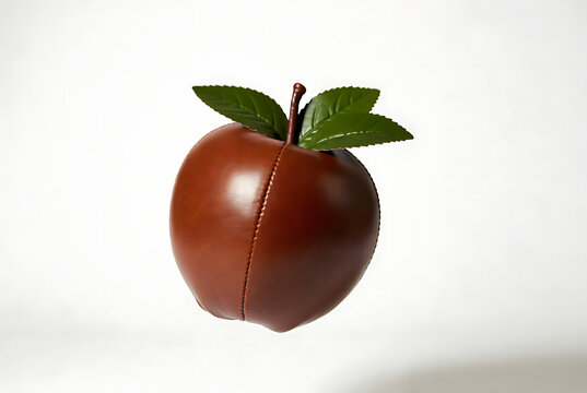 Apple leather object with stitched seam and green leaves, surreal food concept on white background, minimalist studio lighting, creative vegan material idea