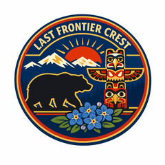 Beautiful Last Frontier Crest featuring intricate totem, bear, and mountains under the sun, symbolizing Alaska&rsquo;s native roots, courage, nature&rsquo;s harmony, and creative tribal legacy
