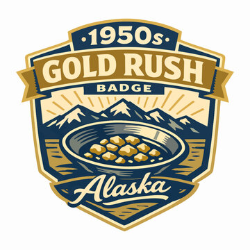 Classic 1950s Gold Rush Alaska badge logo with shining pan and mountain range, symbolizing history, adventure, ambition, and the enduring heritage of northern exploration