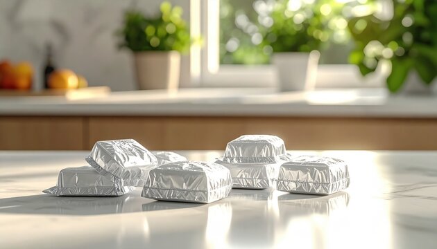 A realistic photography portrayal of the FlyPro Firefly collection of individually wrapped, effervescent tablets, their foil packaging slightly crinkled.