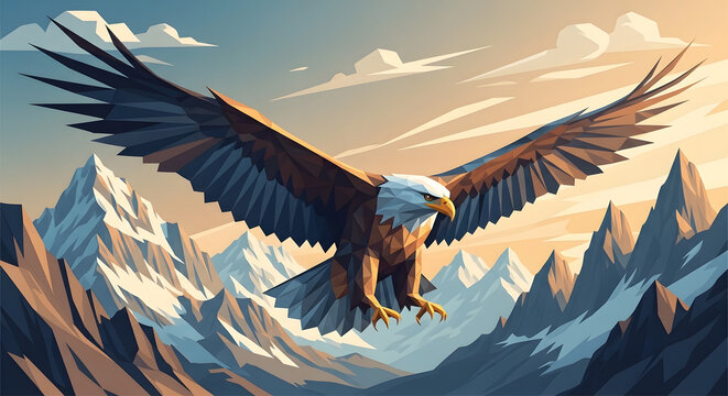 Low poly eagle with sharp geometric detailing, dramatic alpine backdrop