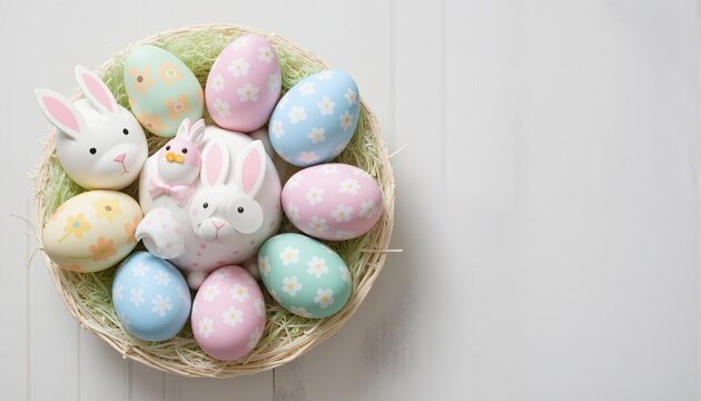 Easter egg decoration with pastel colors, top view. Empty space on the right.
