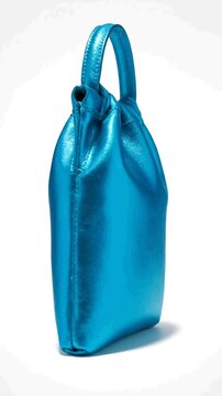Metallic blue drawstring mini bag on white background
