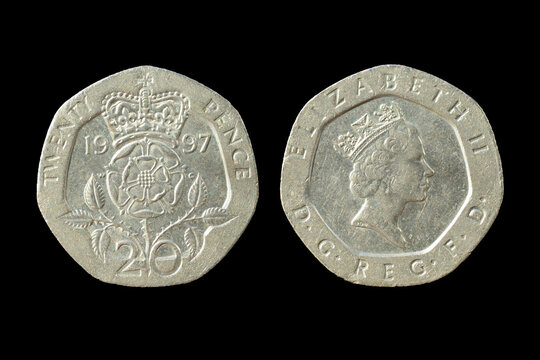British 20 Pence Coin 1997, Elizabeth II, Obverse and Reverse Sides Isolated on Black Background