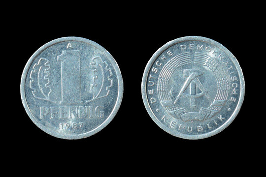 East Germany 1 Pfennig Coin 1987, Aluminum DDR Currency, Obverse and Reverse Sides, Isolated on Black Background