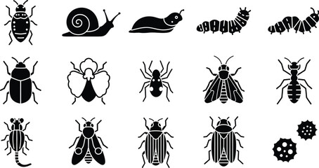 Collection of fifteen black and white icons representing various insects and invertebrates © Milon Store