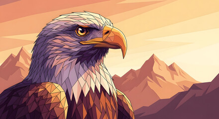 Majestic eagle portrait with geometric polygon feathers, warm sunset color palette
