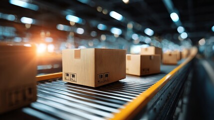 Cardboard boxes on conveyor belt in modern warehouse with bright lights