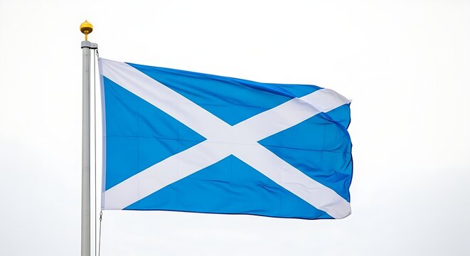 The Scottish Saltire flag featuring a white saltire on a blue background flies proudly on a white flagpole with a gold finial on white background. on white background