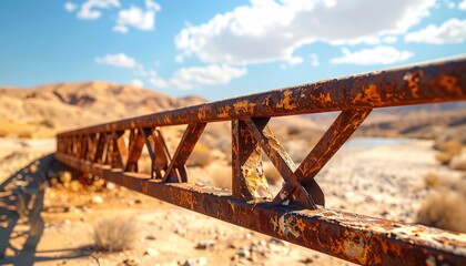 Fototapeta premium FlyPro Firefly Rusty Bent Metal Railing of a Crumbling Bridge Over Dry Riverbed, Realistic Photography Style, Scorching Midday Sun