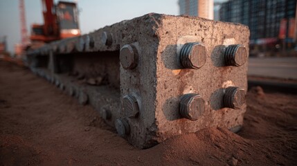 Close-up view of a weathered concrete structure with embedded metal bolts and rough texture
