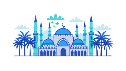 Illustrated mosque with palm trees © Devili