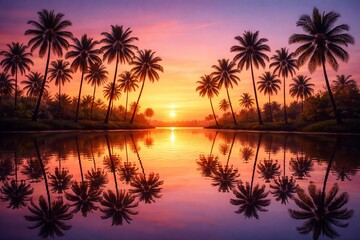 Fototapeta premium A cinematic 3D landscape of tall palm trees reflected in calm water at sunset. With strong depth through mirrored reflections, warm orange and purple sky gradients, soft silhouettes, water surface