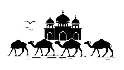 Camels walking in front of a mosque © Devili