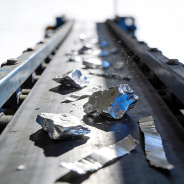 Aluminum scrap pieces on factory conveyor with metallic texture  