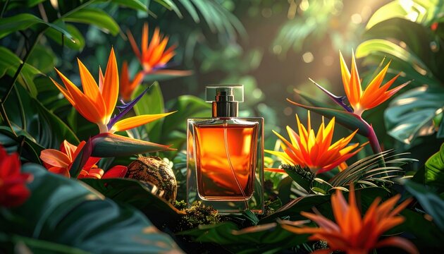 FlyPro Firefly Modern Geometric Perfume Bottle Amidst Exotic Birds of Paradise and Tropical Flora