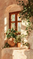 Fototapeta premium Serene potted plants on sunny windowsill with lush greenery