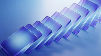 Fototapeta premium Abstract 3d render of translucent glass plates with blue and purple gradients in a diagonal composition.