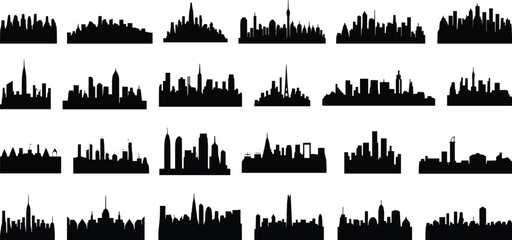 Obraz premium City skyline silhouette icons set featuring 25 unique urban landscapes, black vector illustration for architecture, travel, culture, global landmarks, decorative design artwork