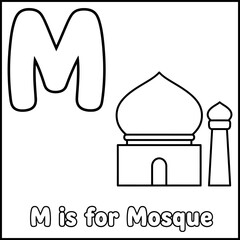 Fototapeta premium Ramadan mosque alphabet coloring page for kids M letter Islamic education flat design vector illustration