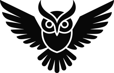Fototapeta premium Stylized owl silhouette with spread wings, black bird logo design isolated on white background, modern wildlife emblem vector illustration