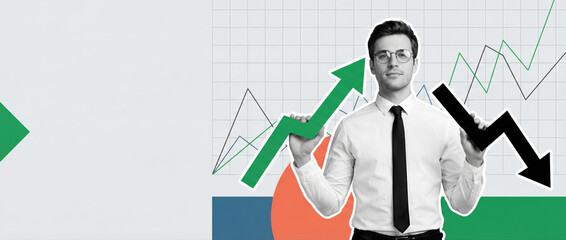 Obraz premium Businessman holding up and down arrows representing financial market growth and stock analysis trends.