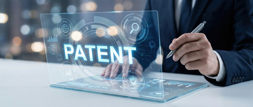 Businessman interacting with a digital hologram interface for patent and intellectual property protection.