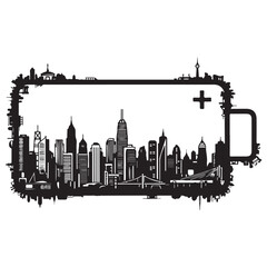 Obraz premium Minimalist black and white silhouette of a modern city skyline integrated into a battery icon, symbolizing urban energy consumption, metropolitan power, and sustainable smart city life.