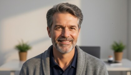 Smiling middleaged man in a gray sweater and blue shirt sitting in an office