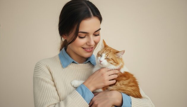 Woman tenderly holding and cuddling an adorable orange cat