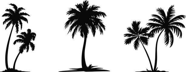 Palm tree silhouette icons set featuring tropical vegetation designs, black vector illustration for beach, island, summer, vacation, decorative, exotic landscape artwork