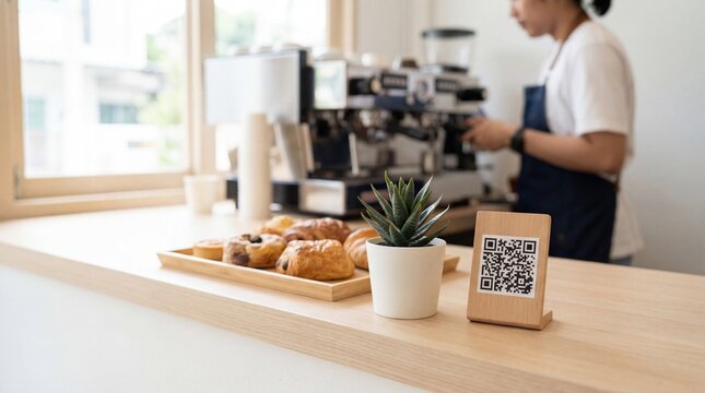 Modern coffee shop interior with barista preparing drinks, showcasing a contactless QR code payment option and freshly baked pastries on a wooden counter