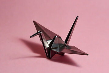 Crane origami metal with pink background and shadow effect, folded paper art featuring decorative, sculpture, minimalist with modern and abstract elements for geometric, 3D projects, clean