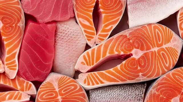 This vibrant top-down shot showcases an appetizing assortment of fresh, raw fish, perfect for culinary and health-related content. Various cuts of rich orange fillets, deep red lean fish, and delicate