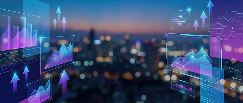Digital data visualization and financial growth charts overlaying a blurred city skyline at night.
