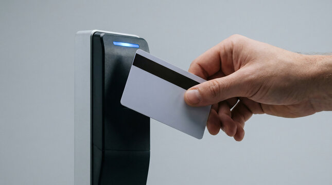Man hand tapping blank ID badge with magnetic stripe to electronic reader with blue light on gray background with soft studio light.