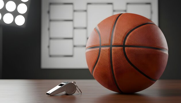 A basketball and whistle set against a blurred March Madness tournament bracket board for a sports concept.