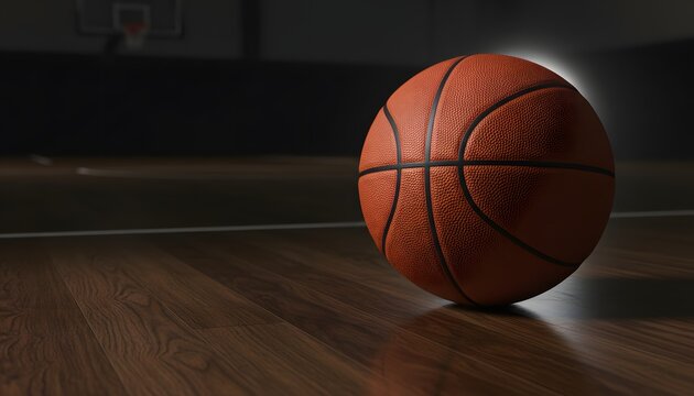 A vibrant basketball ball sits on a gleaming wooden court, symbolizing the thrilling competition and championship concept of March Madness.