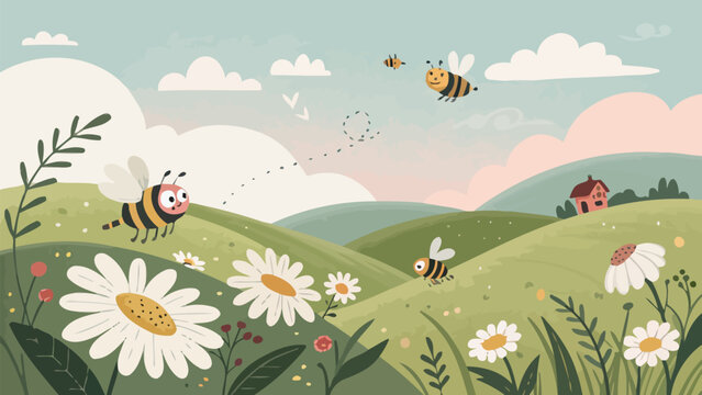 Whimsical bees fly over vibrant flowers in sunny meadow landscape