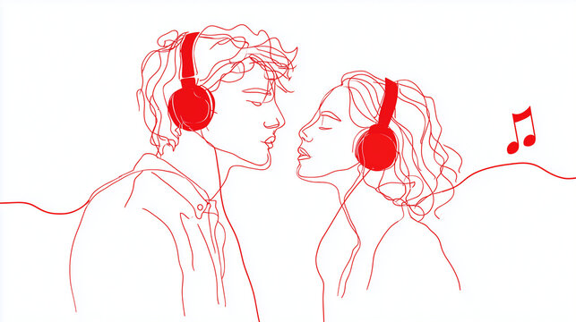 Continuous line illustration of two people sharing headphones, red music note accent