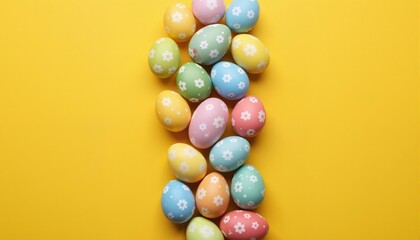 Obraz premium Easter concept. Top view vertical photo of colorful easter eggs on isolated yellow background with empty space 