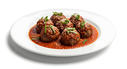 Fototapeta premium Meatballs in red sauce with sesame seeds and green herbs on a white plate transparent background