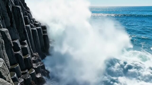 Stunning ocean wave crashing against unique hexagonal basalt rock formations on a sunny day