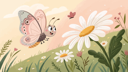 Fototapeta premium Happy butterfly flying near daisies in sunny meadow