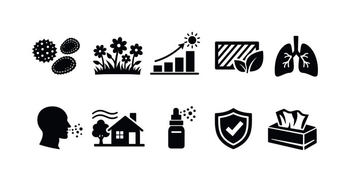 Allergy and respiratory health solid icon set. Pollen, protection, seasonal icons collection.