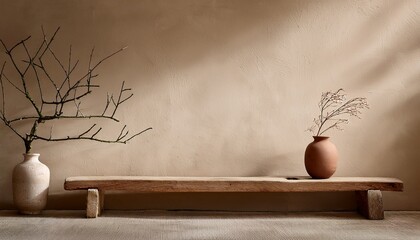 rustic wooden bench and clay vase with branch near beige grunge stucco wall with copy space japandi wabi sabi home interior design of modern living room