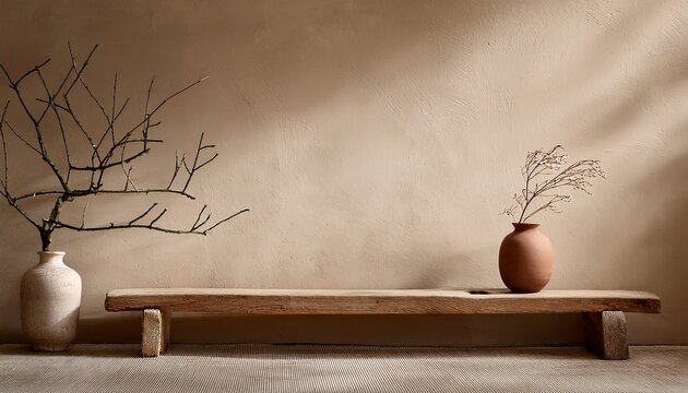 rustic wooden bench and clay vase with branch near beige grunge stucco wall with copy space japandi wabi sabi home interior design of modern living room
