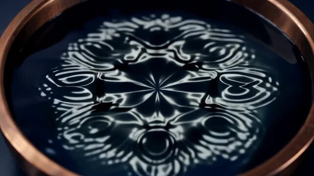 Cymatics physics experiment dark liquid in copper bowl forming complex symmetrical geometric mandala pattern from sound waves