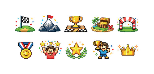 Fototapeta premium Pixel art achievement icon set. Awards, trophies, and victory icons in pixel art style
