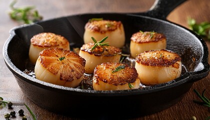 sea scallops browned and seasoned in a cast iron pan